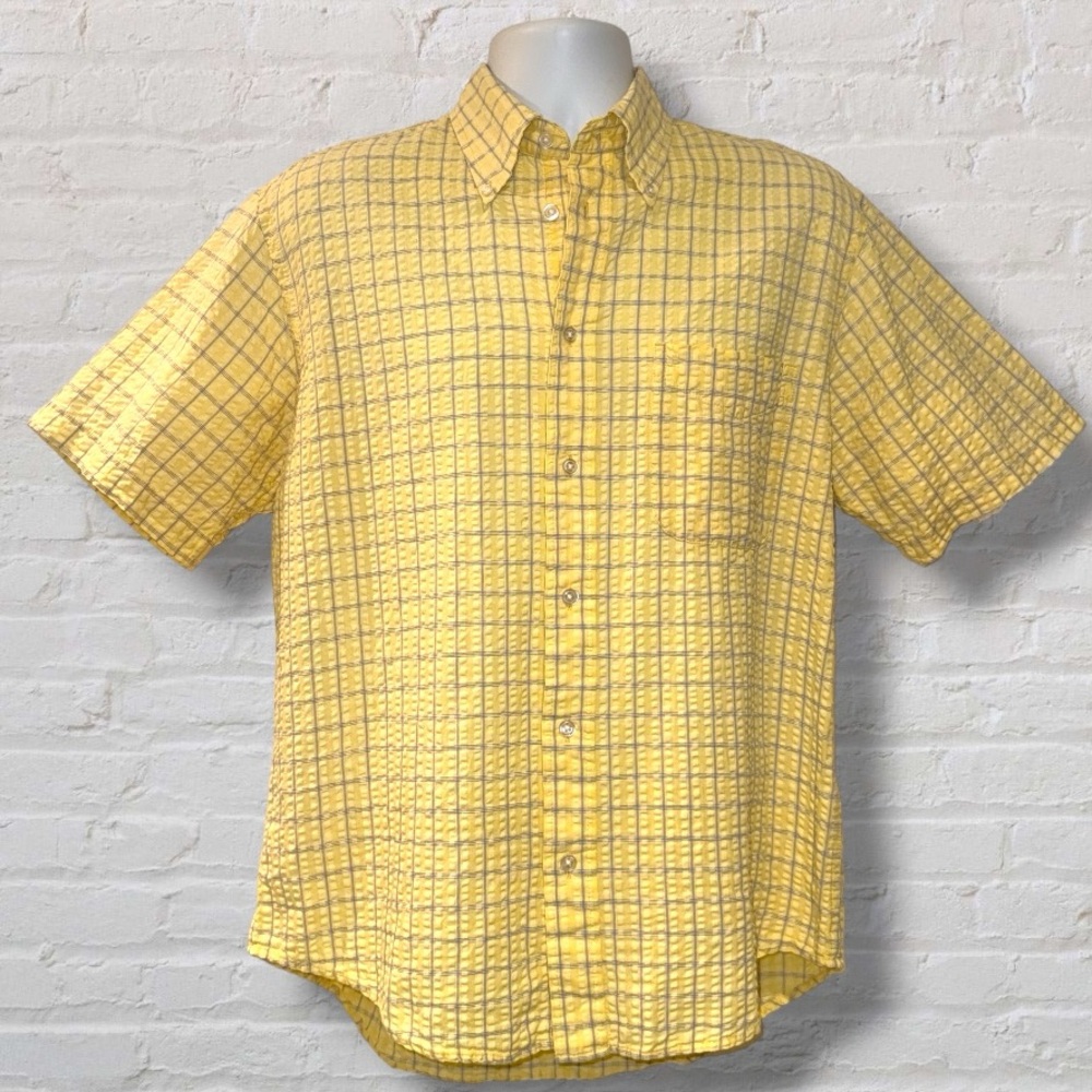 Izod Men’s Seersucker Check Button-Down Shirt Yellow - Plaid Textured Cotton M
